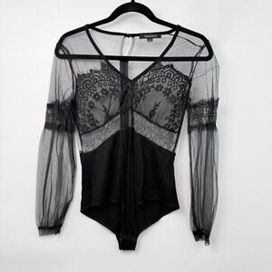 Black Sheer Lace V-Neck Bodysuit Womens M Delicate Goth Witchy Romantic *Flaw